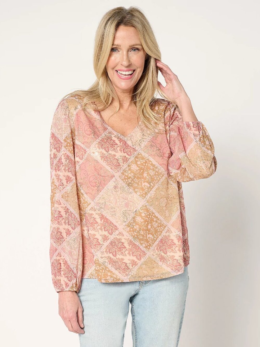 Studio Park x Rosina Grosso Foil Printed Chiffon Blouse, Rose Sz XL a688866